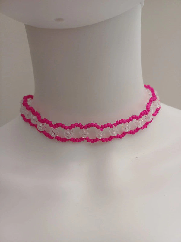 A mannequin displays the Pink and Clear Beaded Choker Necklace, showcasing alternating beads in a wavy double-strand design—ideal for elevating your jewelry export listings with seamless store integration.