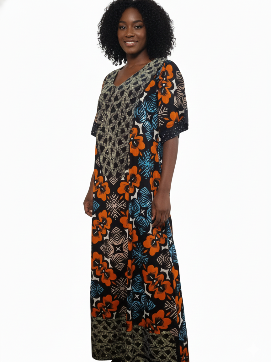 A woman with curly hair smiles, wearing the African Print Maxi Dress – Vibrant Floral Pattern, featuring bold orange, blue, and black floral and geometric designs, standing against a white background.