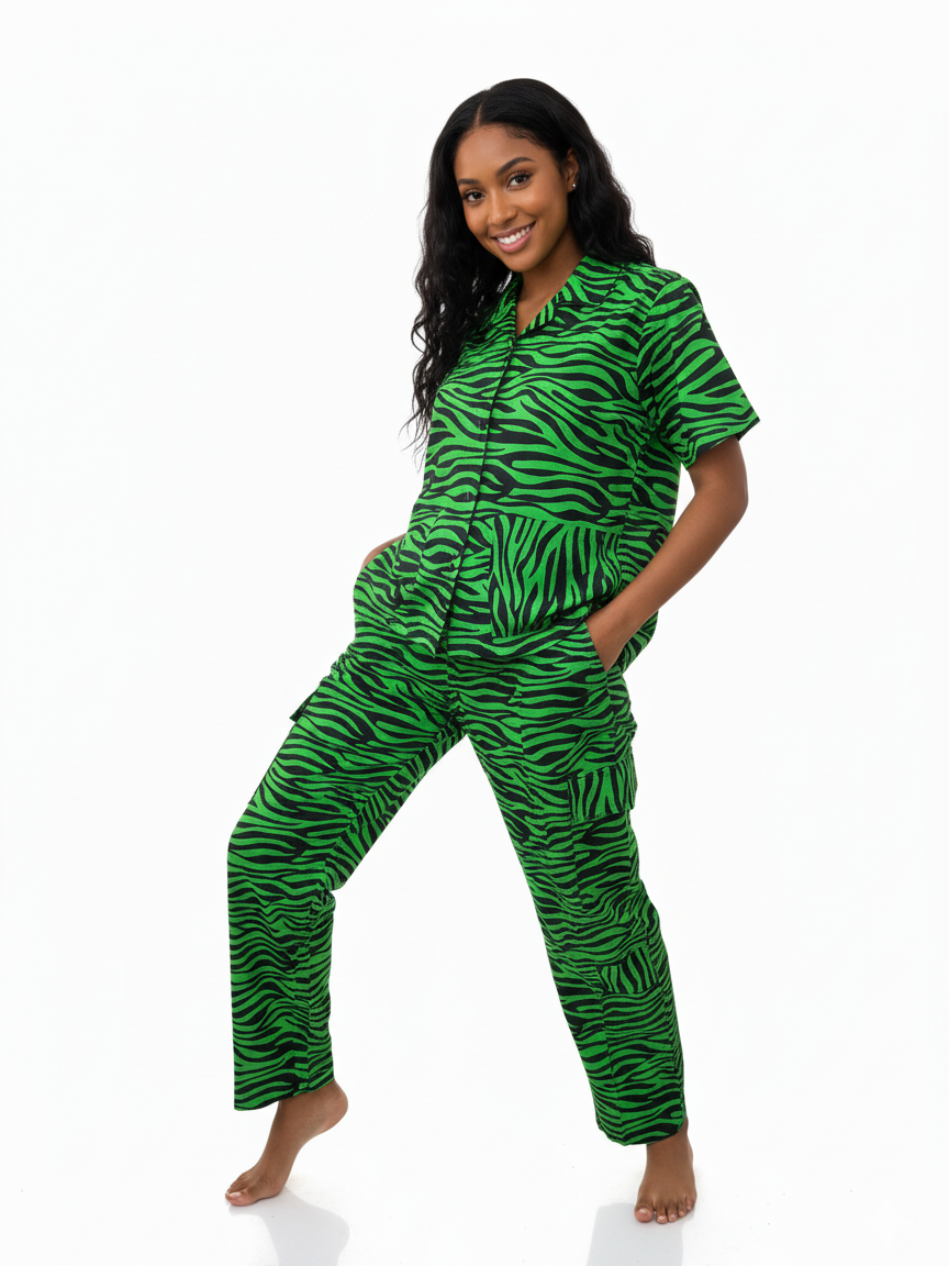 A person wearing a green and black zebra-striped outfit, standing barefoot against a white background, smiling with hands in pockets.