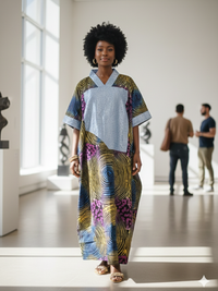 A woman in an Ankara Maxi Kaftan Dress – Multi-Color Swirl Pattern with Light Blue Accent strides confidently through a bright art gallery, surrounded by sculptures and two people chatting in the background.