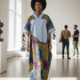 A woman in an Ankara Maxi Kaftan Dress – Multi-Color Swirl Pattern with Light Blue Accent strides confidently through a bright art gallery, surrounded by sculptures and two people chatting in the background.