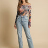 Abstract Off-Shoulder Mesh Long-Sleeve Top – Sunset Multi