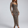 Leopard Print Cut-Out Mesh Midi Dress – Brown Multi